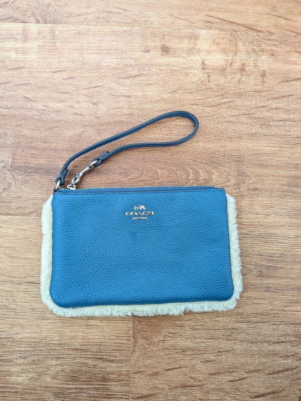 COACH Blue Leather Wristlet with Shearling Trim